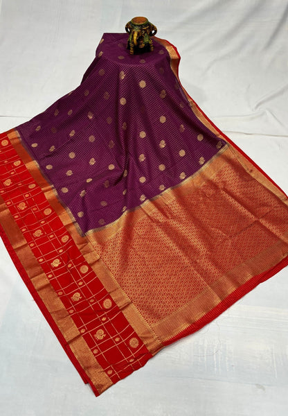 Art Mysore Silk Saree-Wine in Checkered Pattern with Contrast Border