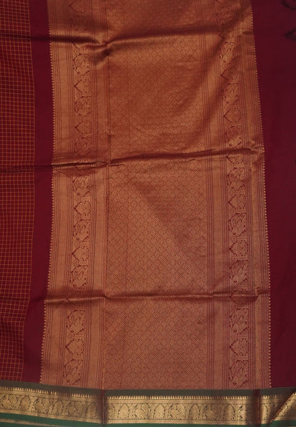 Rich Kanchi Cotton Saree-Maroon in Checkered Pattern with Contrast Border
