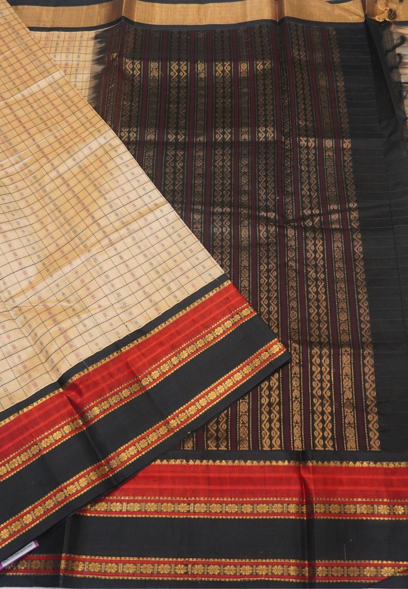 Pure Silk Cotton Saree-Sandal in Checkered Pattern with Contrast Gap Border