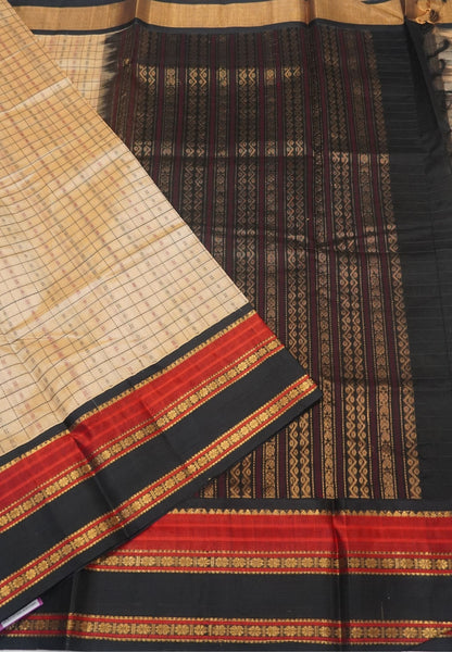 Pure Silk Cotton Saree-Sandal in Checkered Pattern with Contrast Gap Border
