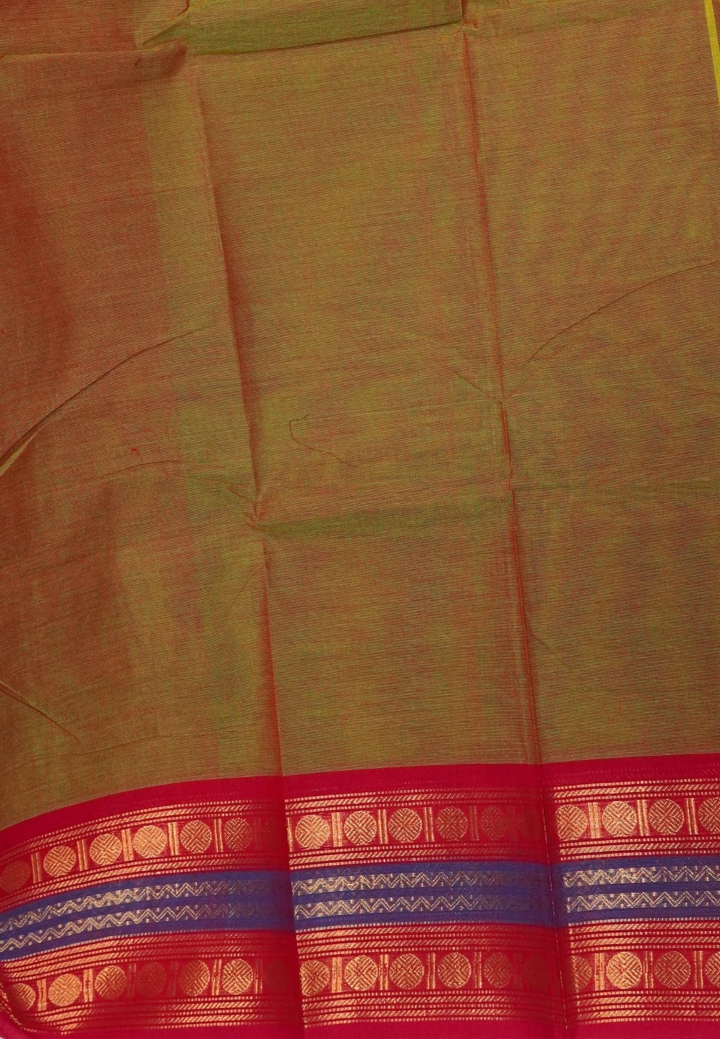 Kanchi Cotton Saree-Mehendi Green-Red With Rudraksh Border