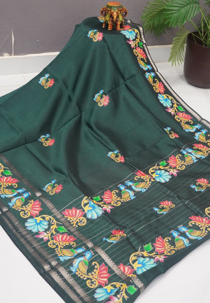 Pure Mangalgiri Silk Saree-Bottle Green in Tanjore Print with Retapet Border