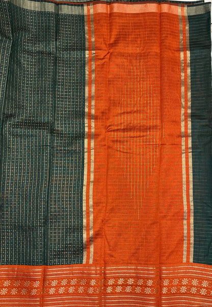 Raw Silk Saree-Bottle Green in 1000 Butta with Contrast Zari Border
