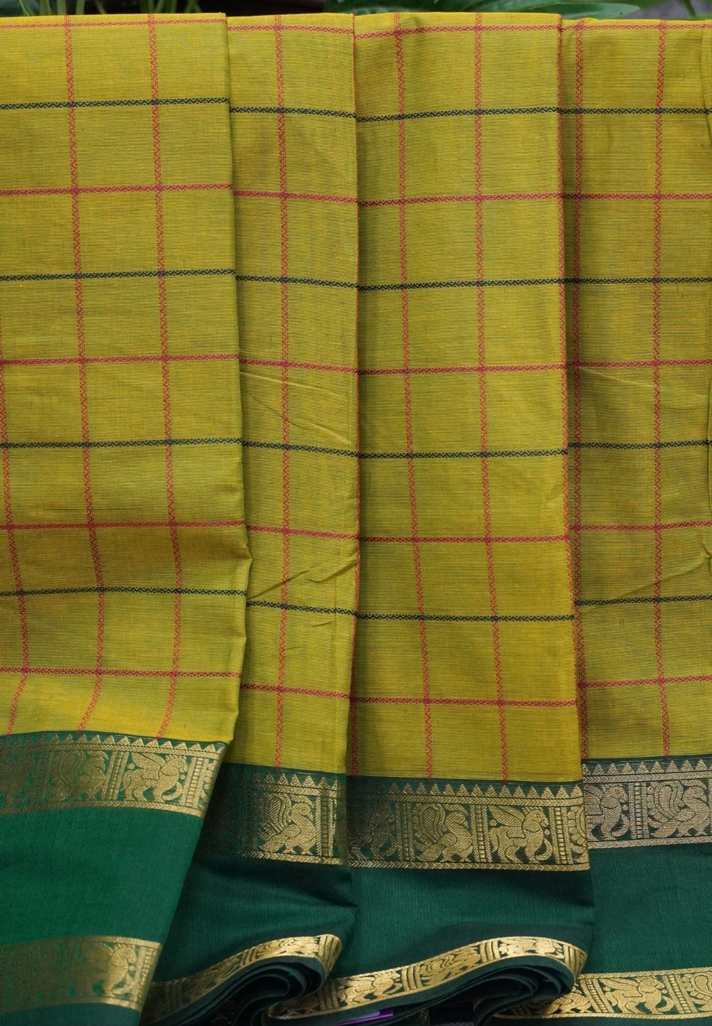 Chettinad Cotton Saree–Olive Green With Thread Checks Annapakshi Zari Border