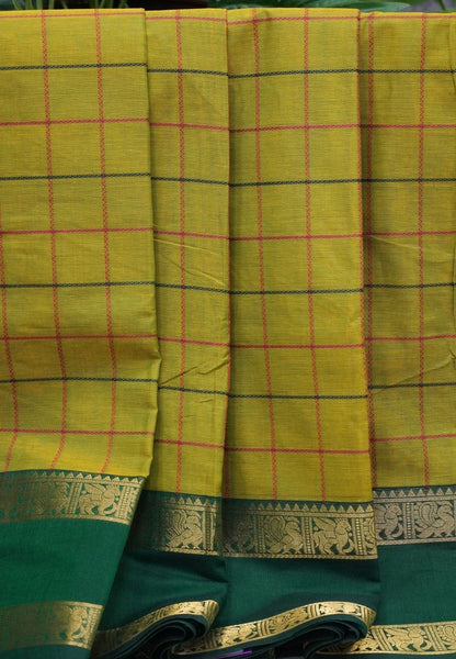 Chettinad Cotton Saree–Olive Green With Thread Checks Annapakshi Zari Border