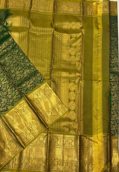 Pure Kanchipuram Silk Saree-Traditional Green  with Contrast Border