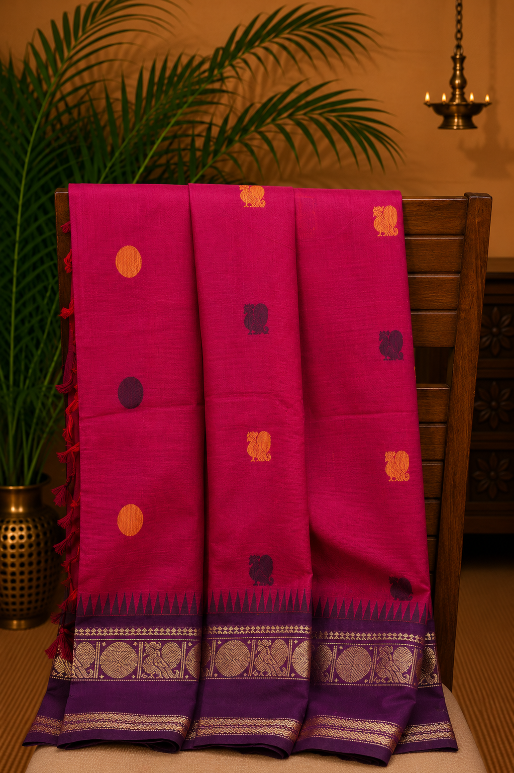Chettinad Cotton Saree–Rani Pink-Wine Purple with Heritage Zari Border