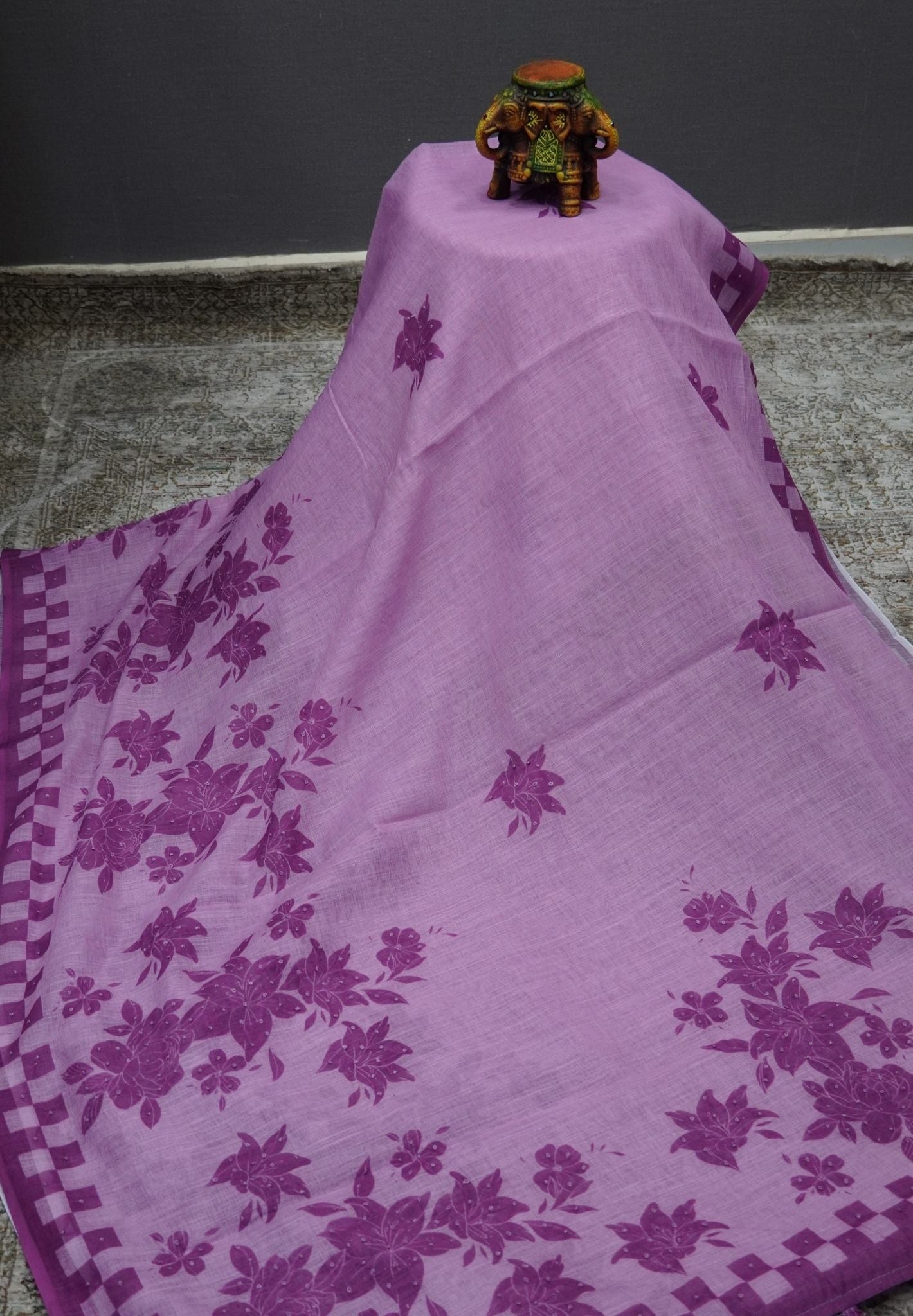 Linen Saree-Purple Checkered Border with French Knot