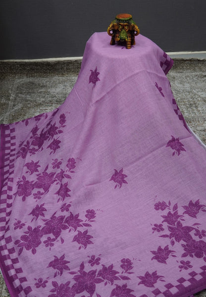 Linen Saree-Purple Checkered Border with French Knot