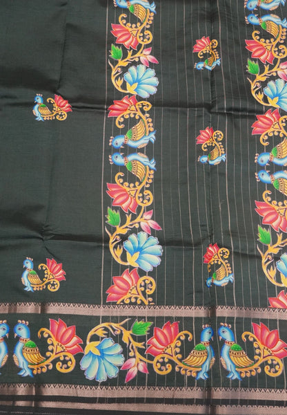 Pure Mangalgiri Silk Saree-Bottle Green in Tanjore Print with Retapet Border