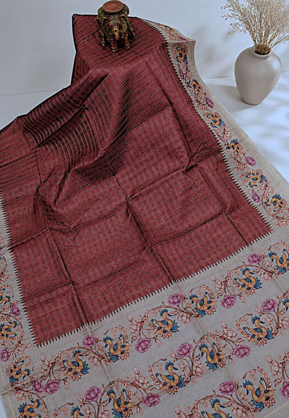 Premium Matka Tussar Saree-Brick Red with Tanjore Print