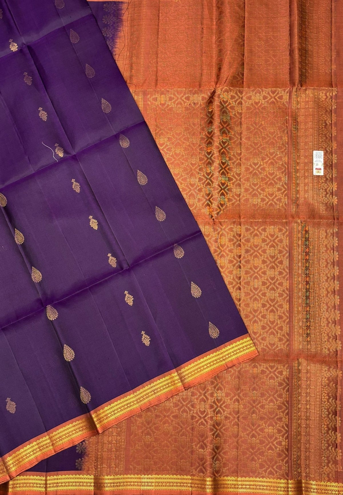 Pure Kanchipuram Silk Saree-Dark Purple in Intricate Paisley Motif Zari Border