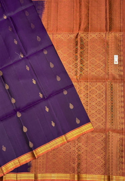 Pure Kanchipuram Silk Saree-Dark Purple in Intricate Paisley Motif Zari Border