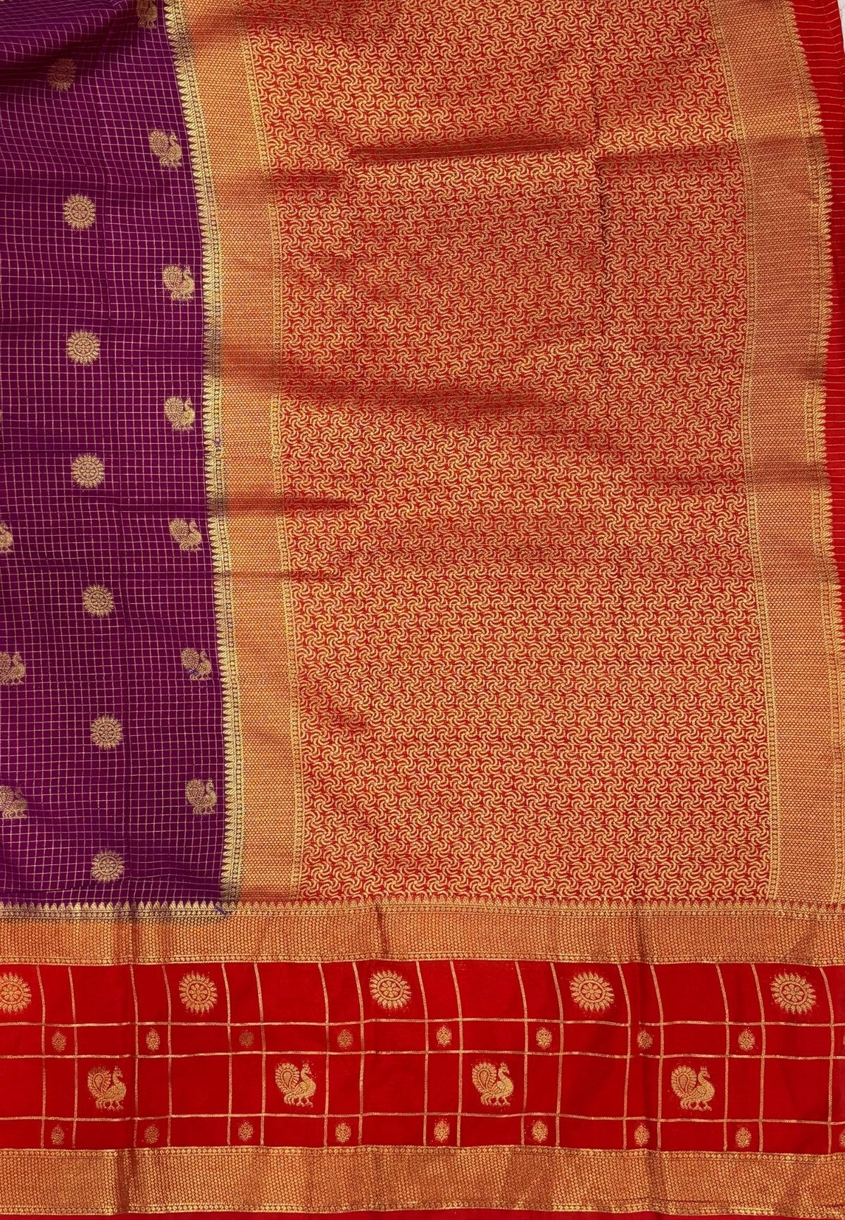 Art Mysore Silk Saree-Wine in Checkered Pattern with Contrast Border