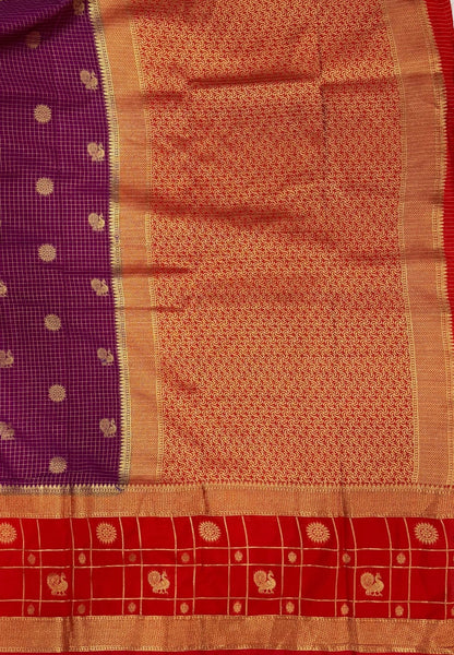 Art Mysore Silk Saree-Wine in Checkered Pattern with Contrast Border