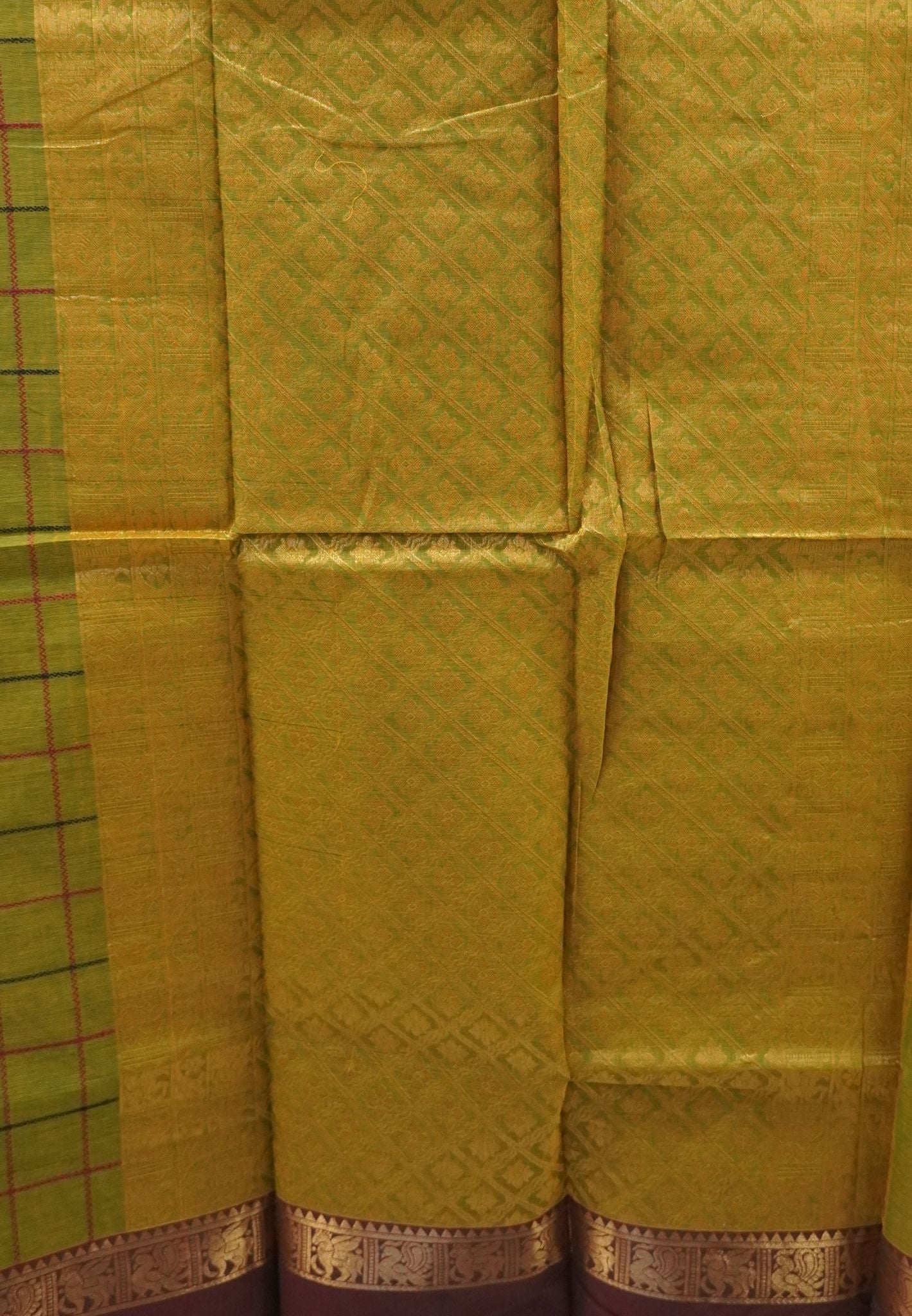 Chettinad Cotton Saree–Olive Green With Thread Checks Annapakshi Zari Border