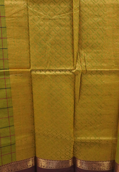 Chettinad Cotton Saree–Olive Green With Thread Checks Annapakshi Zari Border