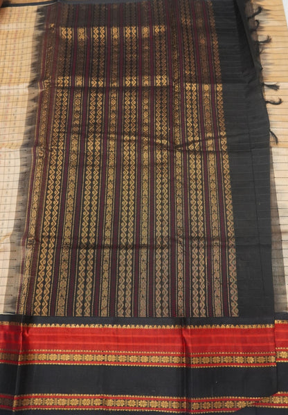 Pure Silk Cotton Saree-Sandal in Checkered Pattern with Contrast Gap Border