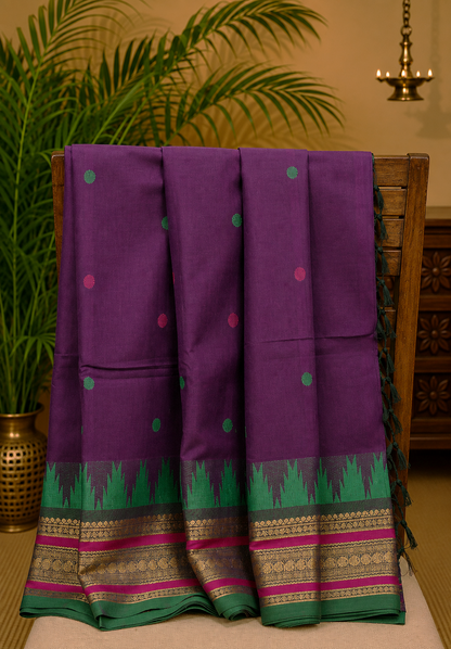 Chettinad Cotton Saree–Wine with Temple Zari Border