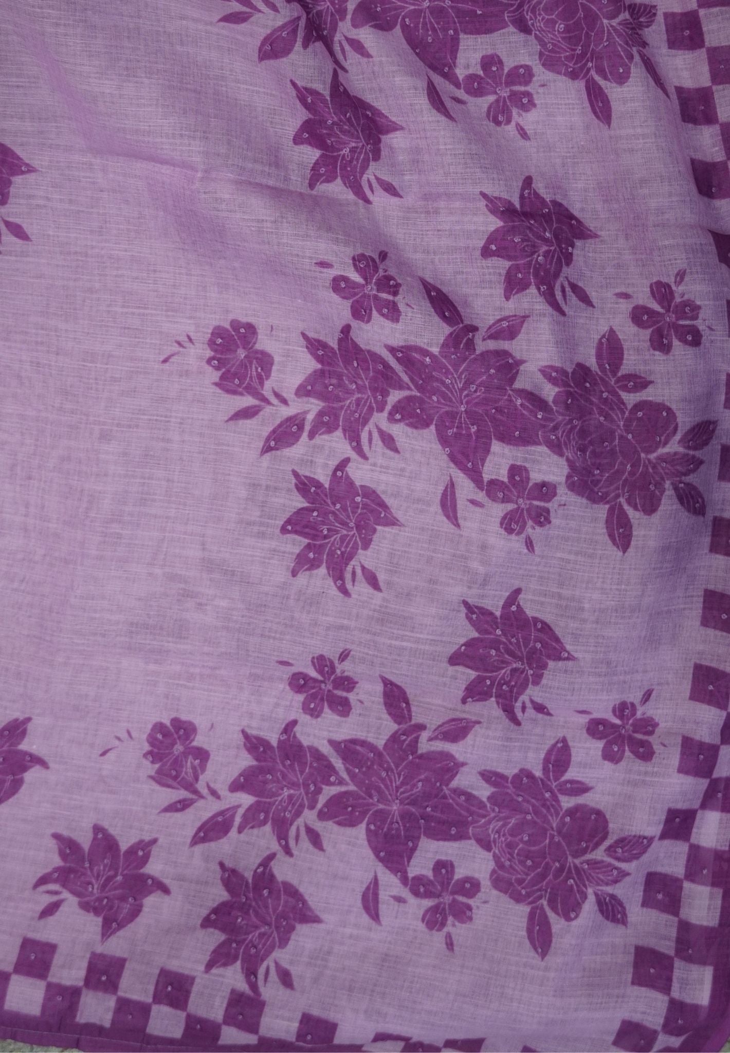 Linen Saree-Purple Checkered Border with French Knot