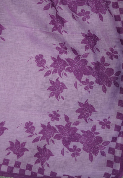 Linen Saree-Purple Checkered Border with French Knot