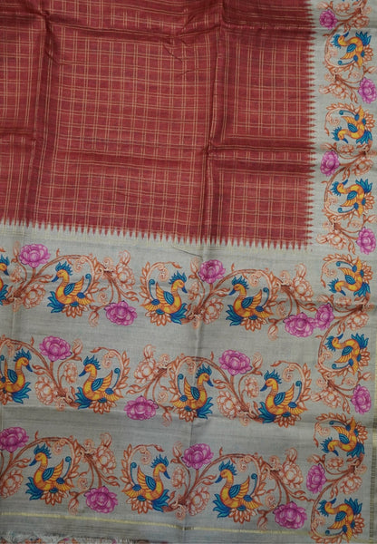 Premium Matka Tussar Saree-Brick Red with Tanjore Print