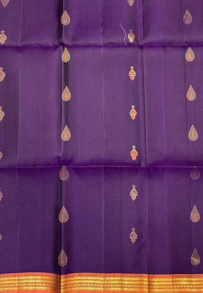 Pure Kanchipuram Silk Saree-Dark Purple in Intricate Paisley Motif Zari Border
