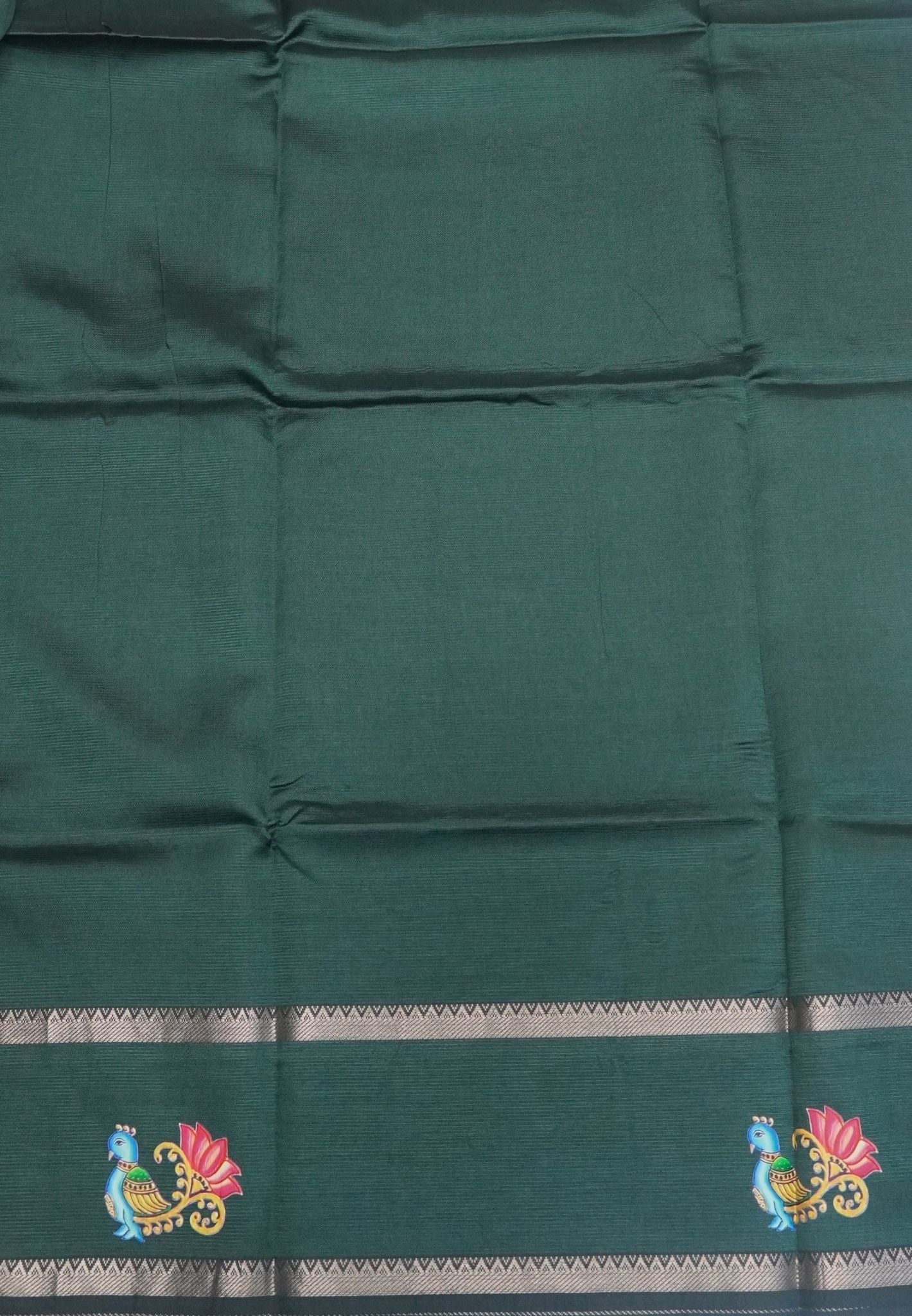 Pure Mangalgiri Silk Saree-Bottle Green in Tanjore Print with Retapet Border