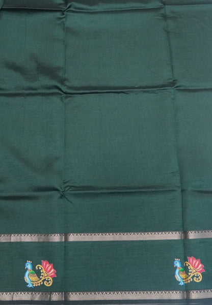 Pure Mangalgiri Silk Saree-Bottle Green in Tanjore Print with Retapet Border