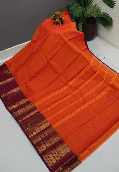 Kanchi Cotton Saree-Orange With Paisley Zari Border