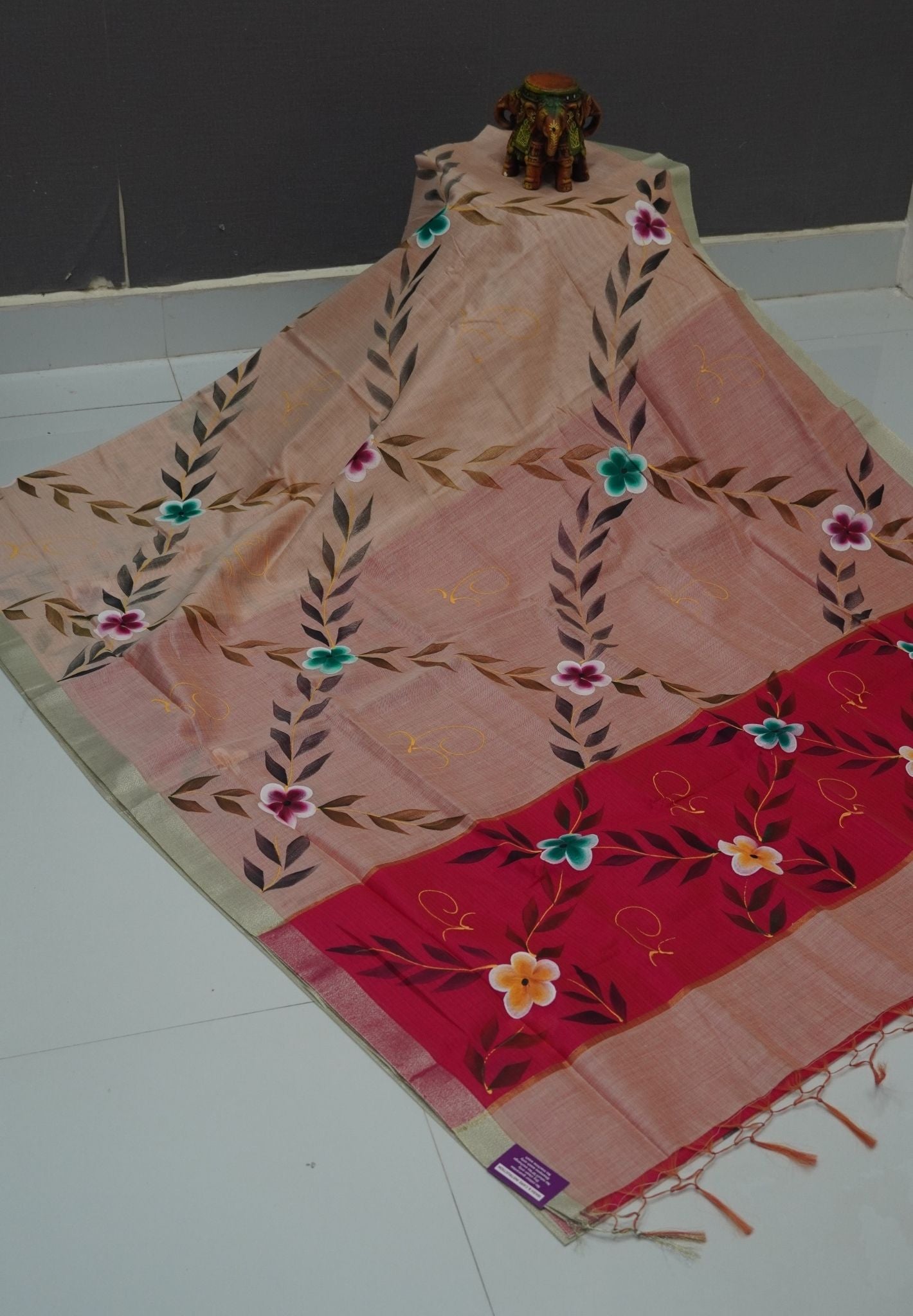 Cora Linen Saree-Light Pink with Hand Painted Floral Motifs