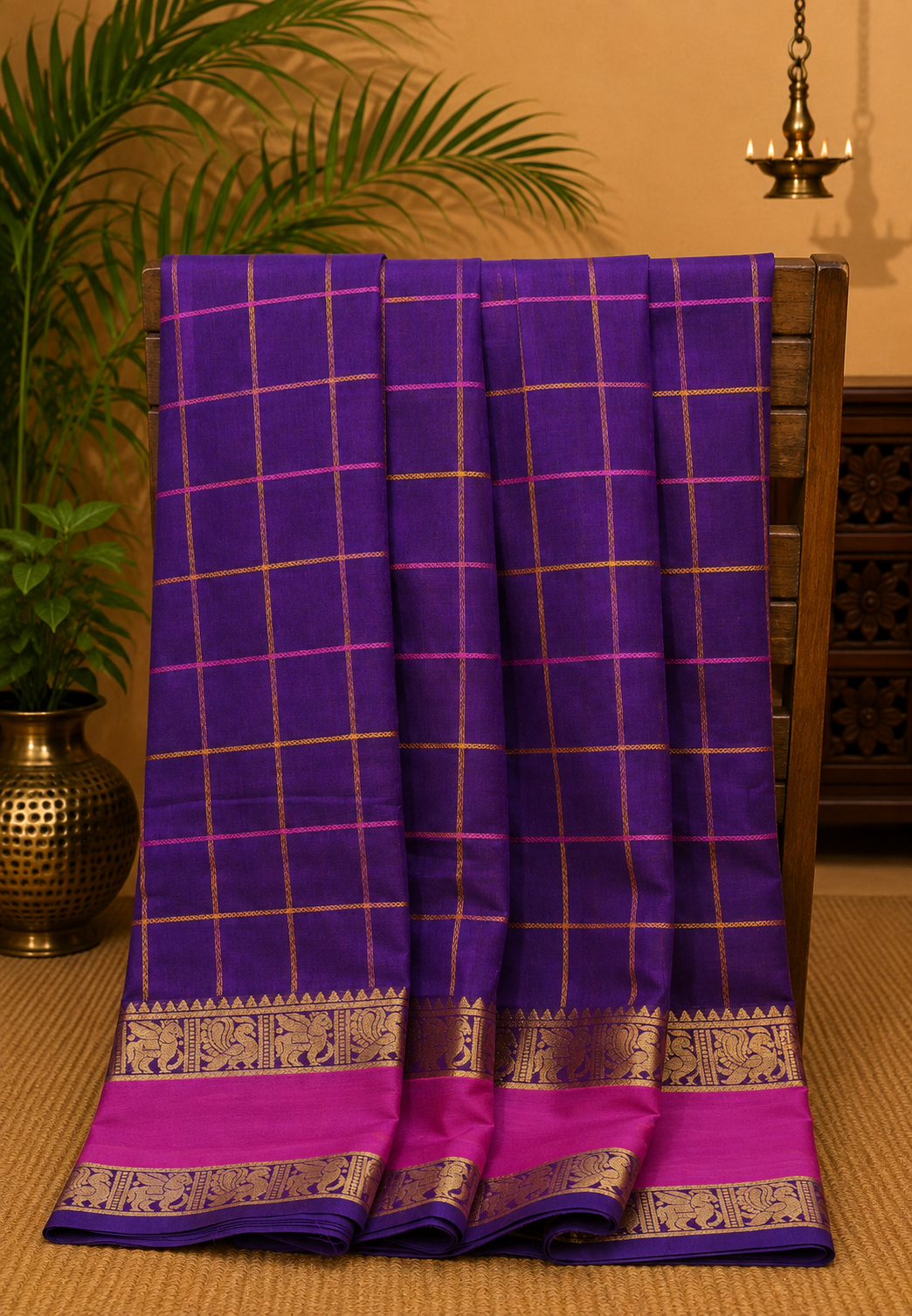 Chettinad Cotton Saree–Wine With thread Checks Annapakshi Zari Border