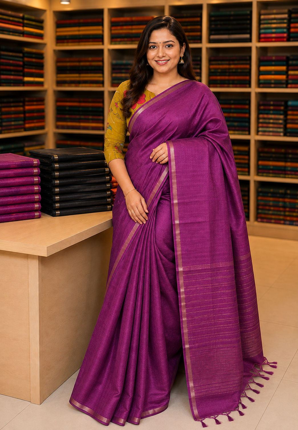 Matka Tussar Saree- Wine with Small Border