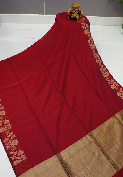 Handloom Cotton Saree-Red Paithani Border