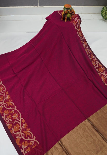 Handloom Cotton Saree-Magenta Floral Jamdhani Border