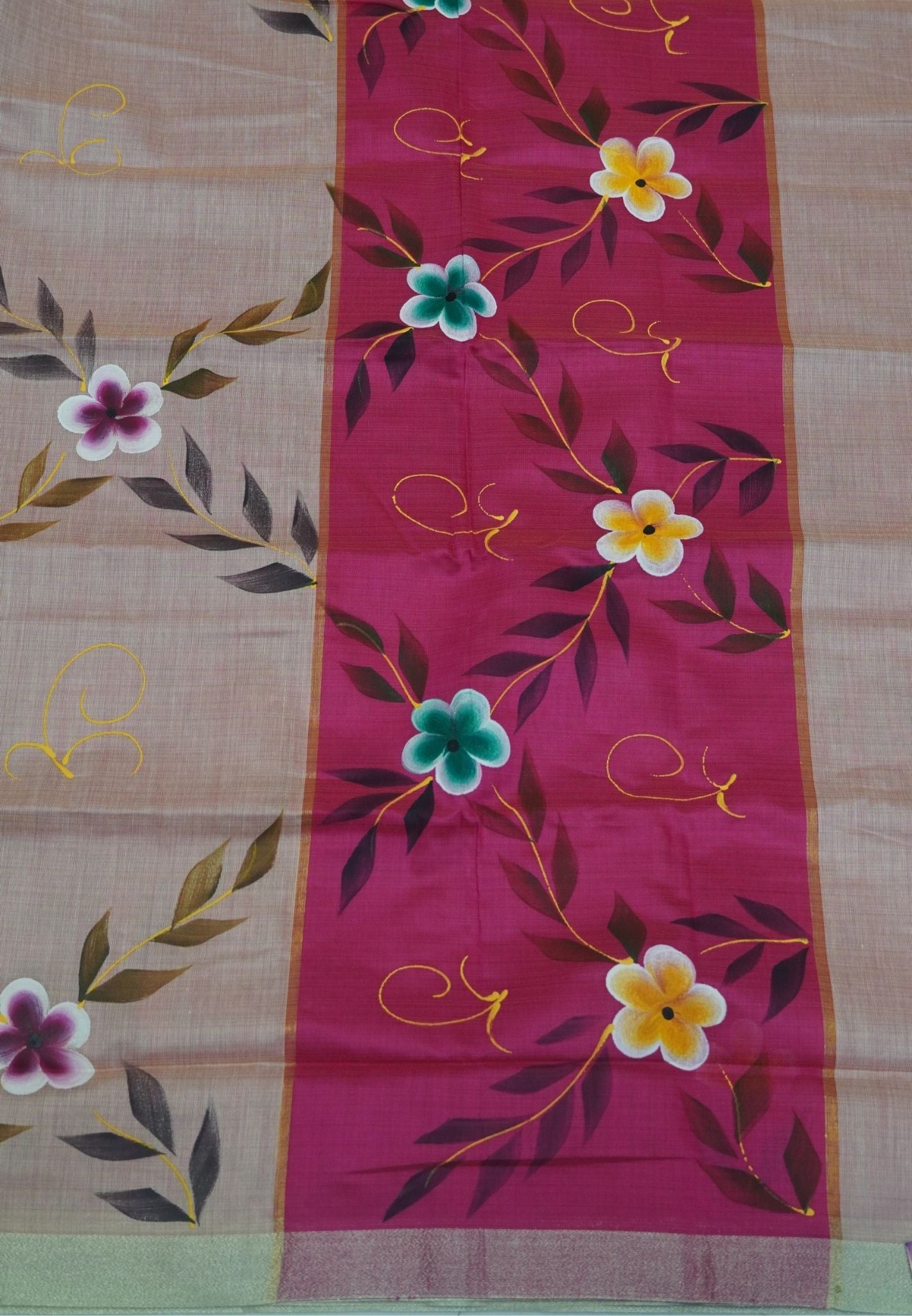 Cora Linen Saree-Light Pink with Hand Painted Floral Motifs