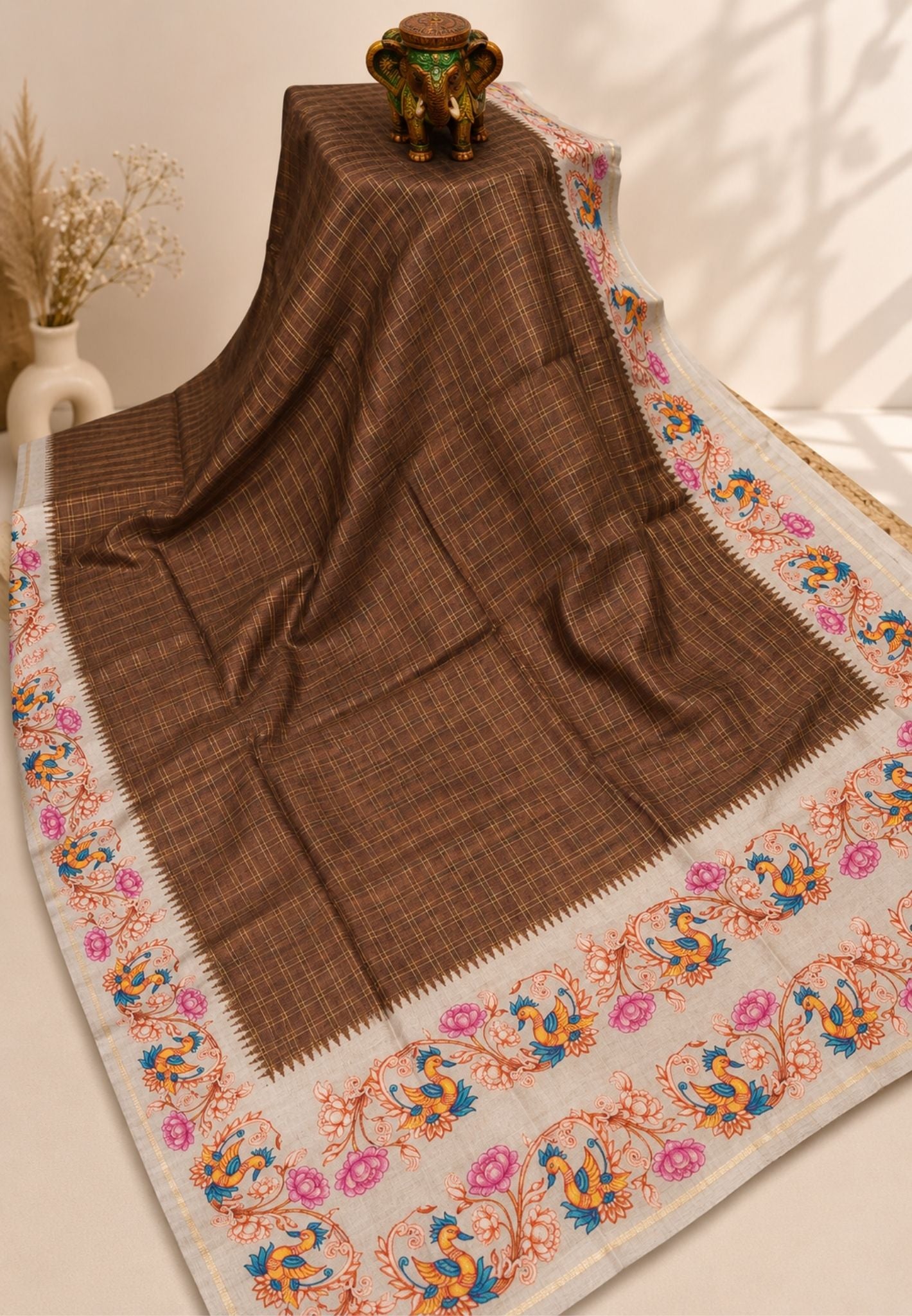 Premium Matka Tussar Saree-Brown with Tanjore Print