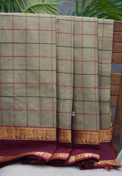 Chettinad Cotton Saree–Grey With Thread Checks Annapakshi Zari Border