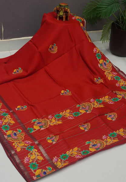 Pure Mangalgiri Silk Saree-Red in Tanjore Print with Retapet Border