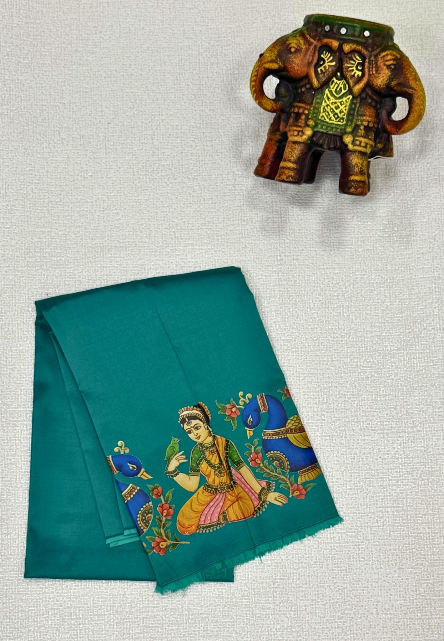 Mangalgiri Silk Blouse-Teal green in Tanjore Print