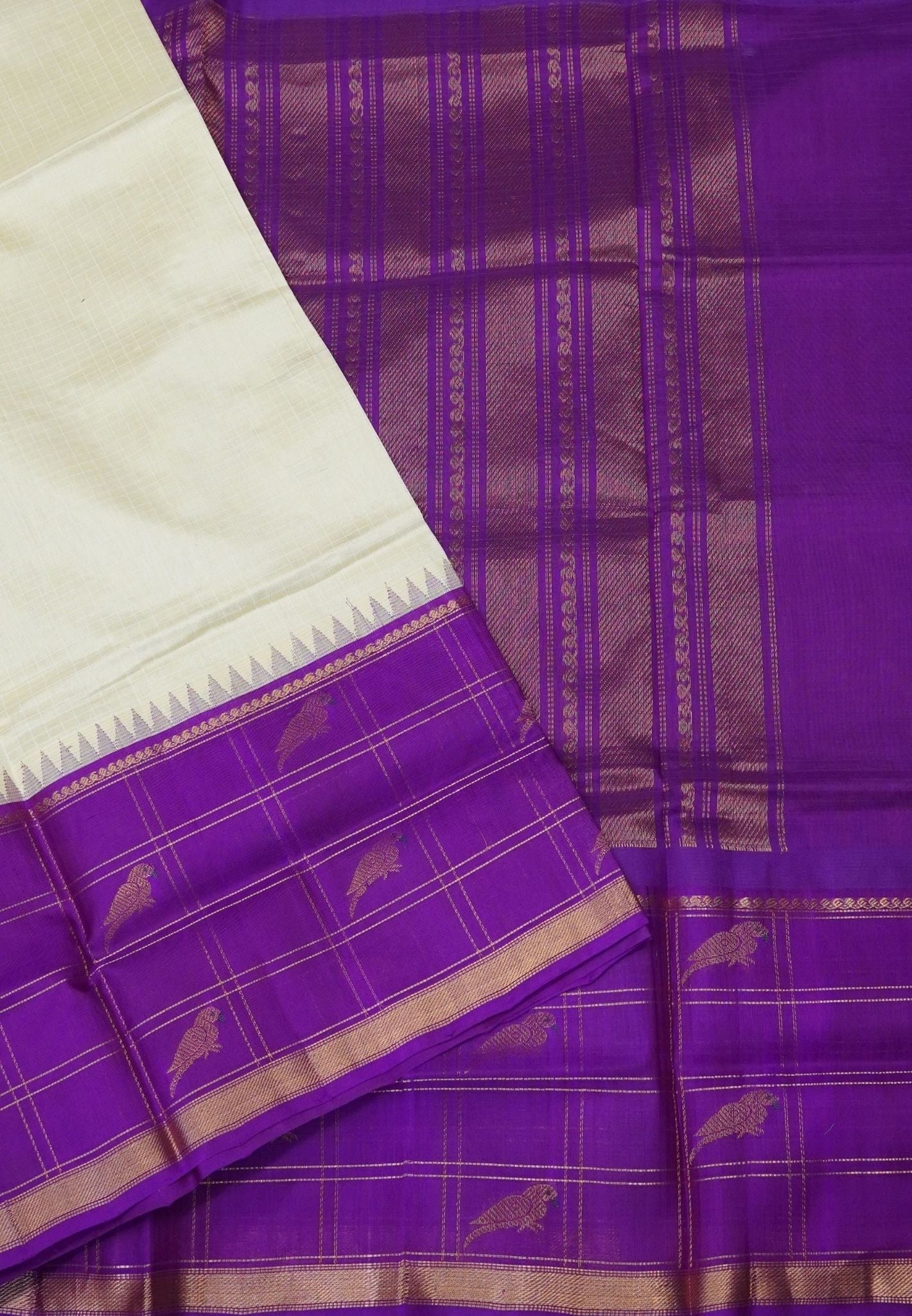 Pure Silk Cotton Saree – Off White & Royal Purple with Parrot Motifs