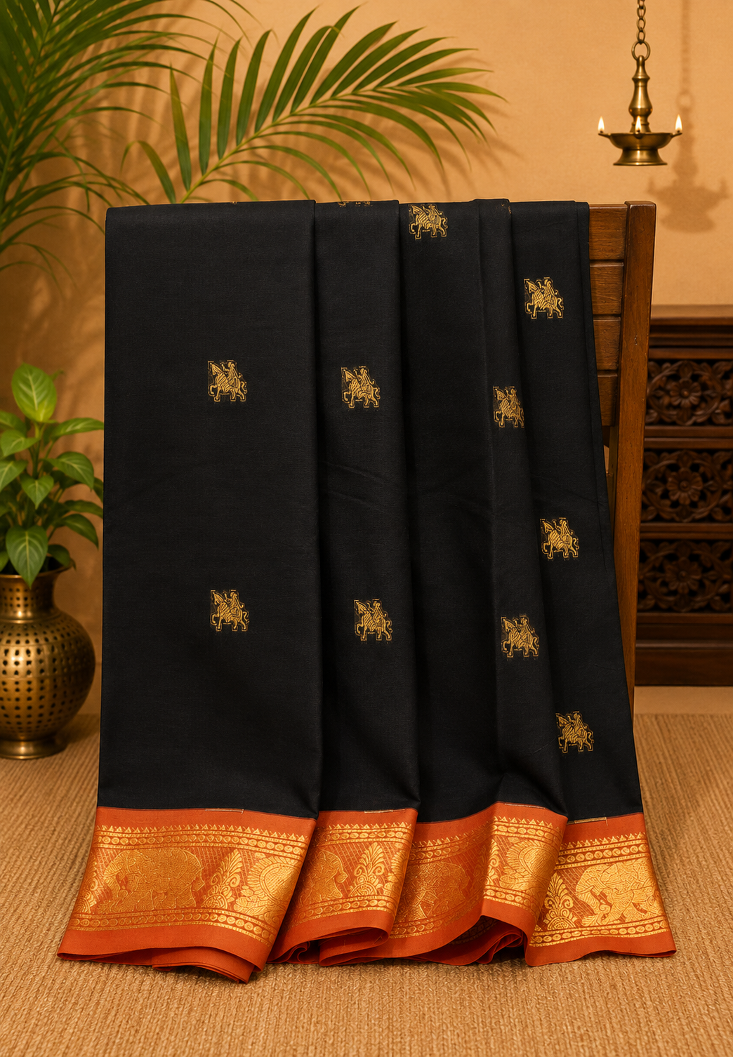 Chettinad Cotton Saree–Black with Elephant Zari Border