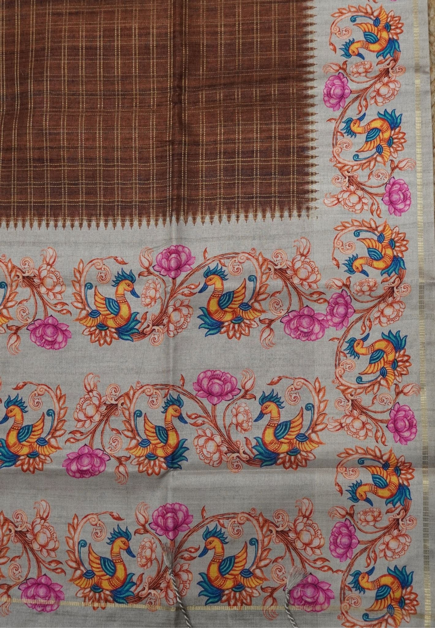 Premium Matka Tussar Saree-Brown with Tanjore Print