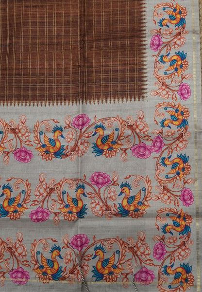Premium Matka Tussar Saree-Brown with Tanjore Print