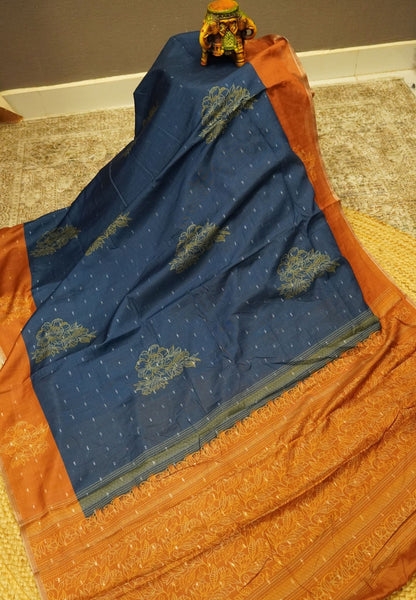 Semi Tussar Saree-Navy Blue with  Mini Zari Dots