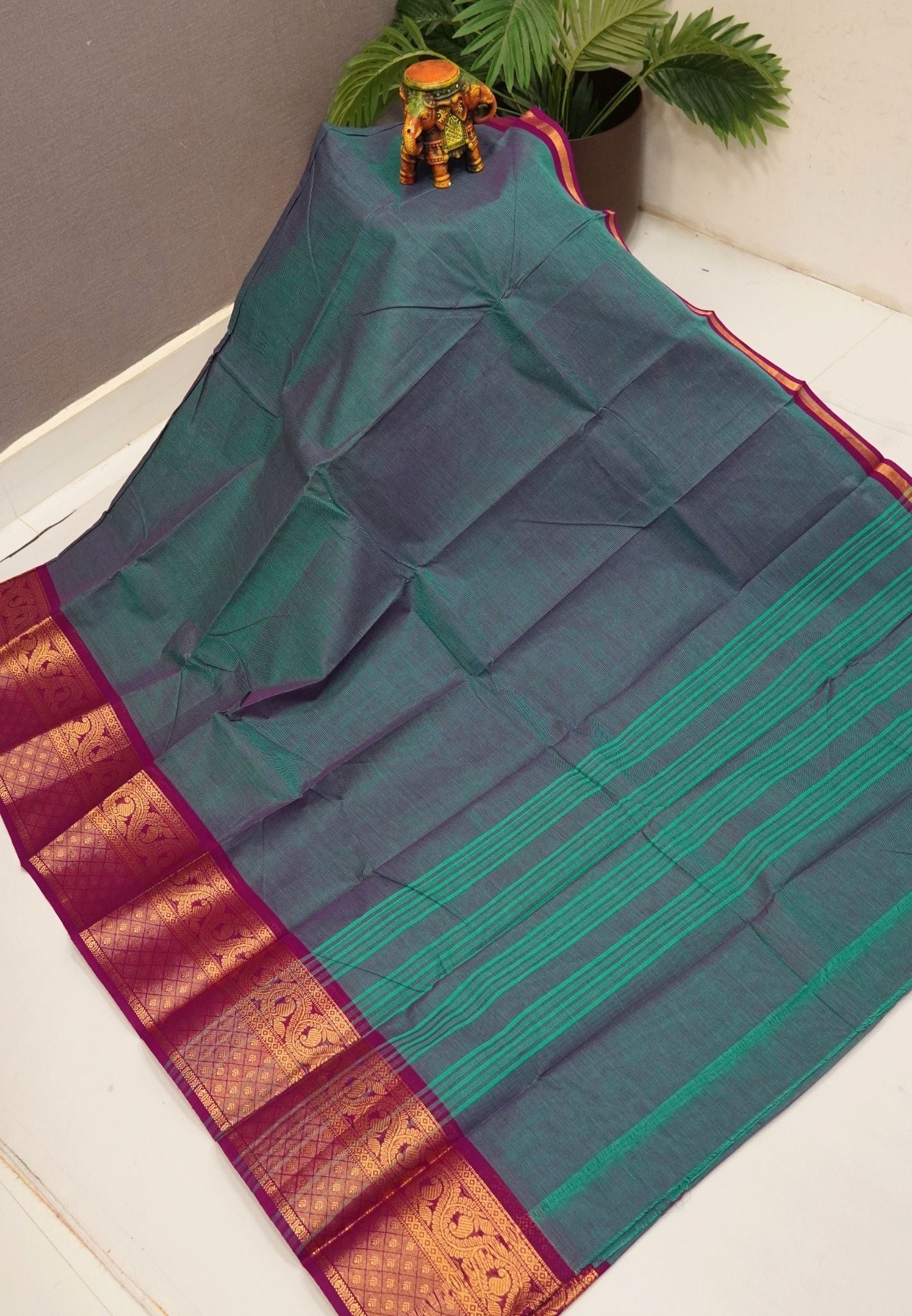 Kanchi Cotton Saree-peacock Blue With Paisley Zari Border