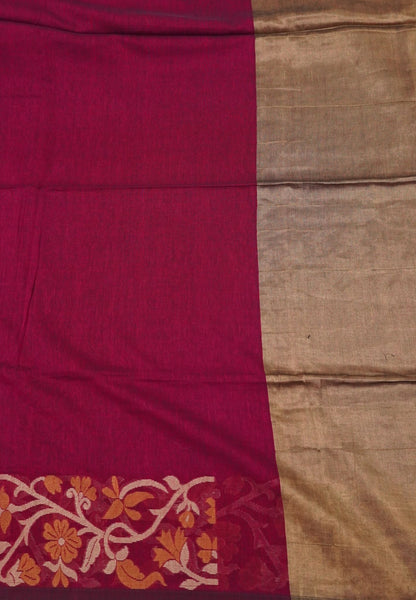 Handloom Cotton Saree-Magenta Floral Jamdhani Border