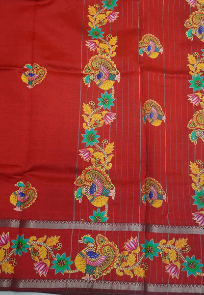Pure Mangalgiri Silk Saree-Red in Tanjore Print with Retapet Border