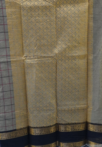 Chettinad Cotton Saree–Grey With Thread Checks Annapakshi Zari Border