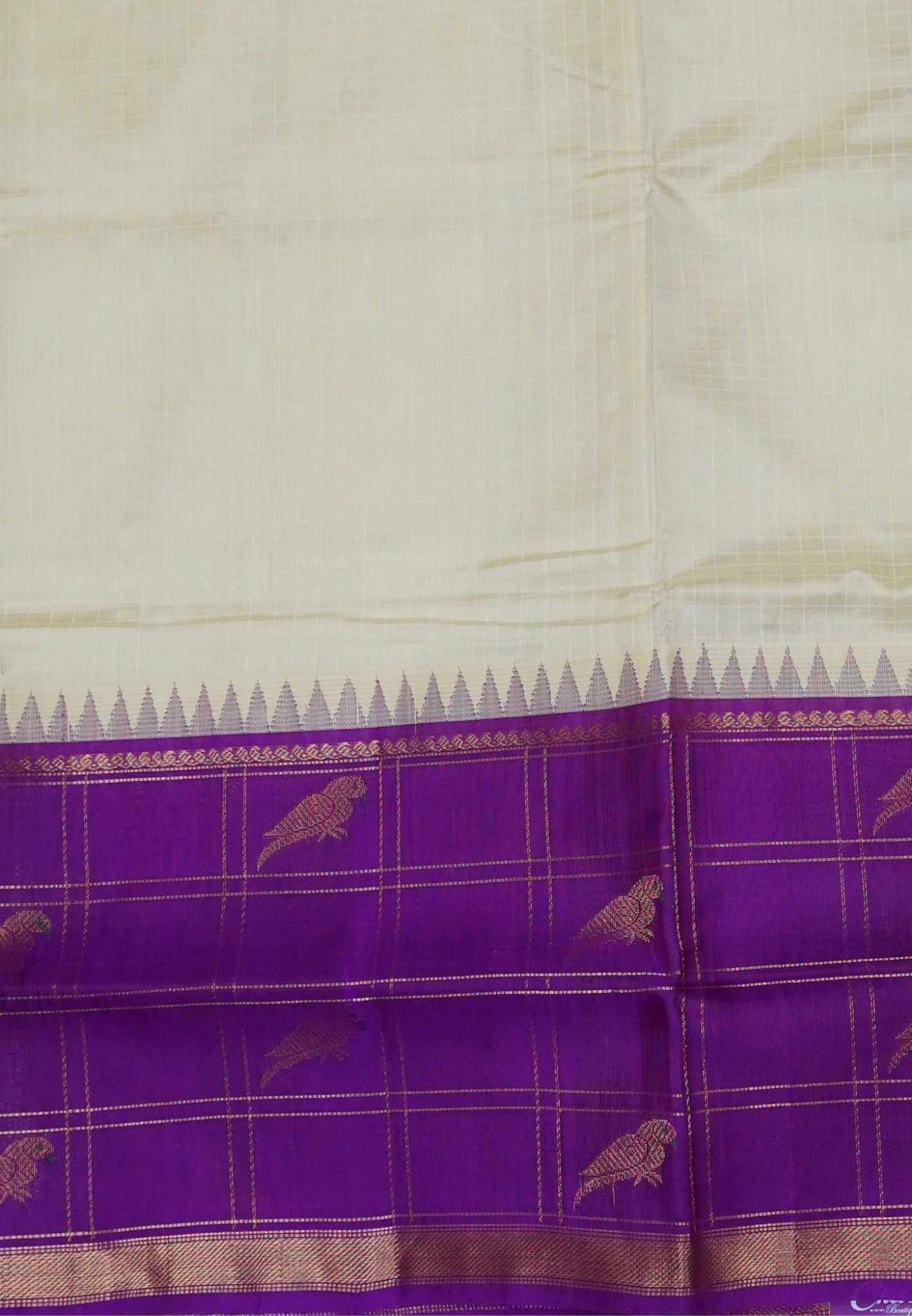 Pure Silk Cotton Saree – Off White & Royal Purple with Parrot Motifs